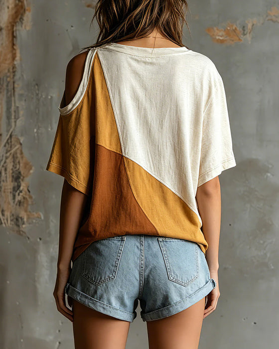 T-Shirt Bloc De Couleur Hors Épaule Lâche