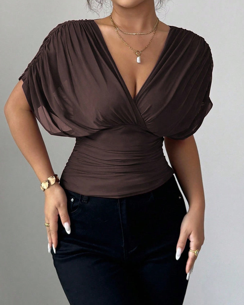 Blouse Unie Profond Col En V Taille Manches Courtes