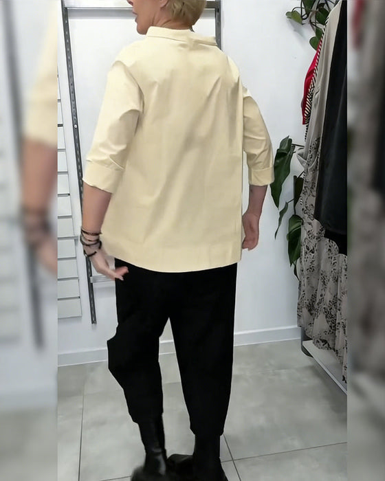100% Coton Blouse Col Large Couleur Unie Décontracté