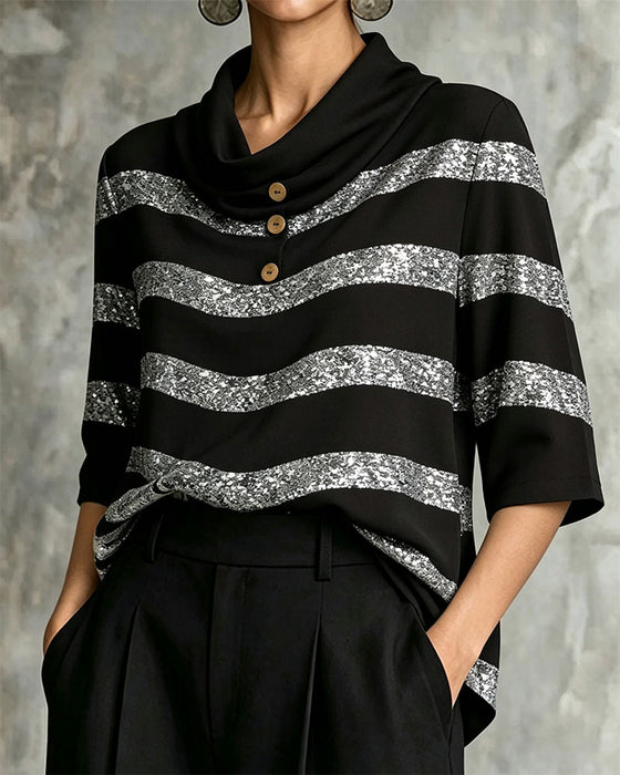 Blouse Rayure Géométrique Taille Cintrée Cordon De Serrage
