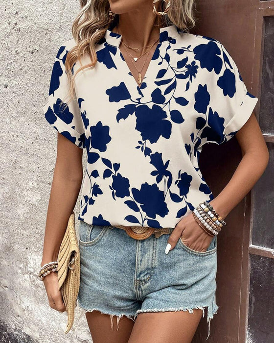 Chemise Col V Manches Chauve-Souris Imprimées