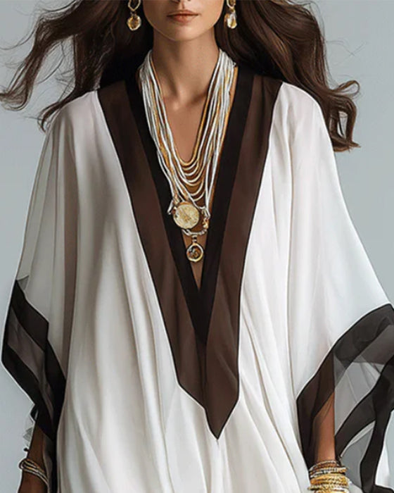 Robe Profond V Manches Chauve-Souris Bloc De Couleur Irrégulière Longue