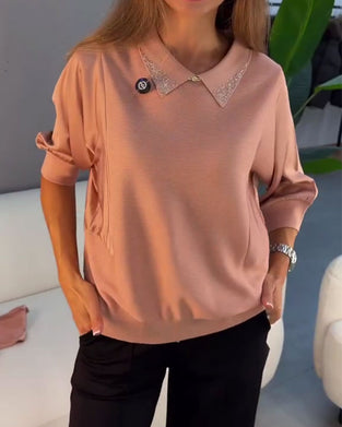 Pullover Revers Manche Coude Tricoté Élégant