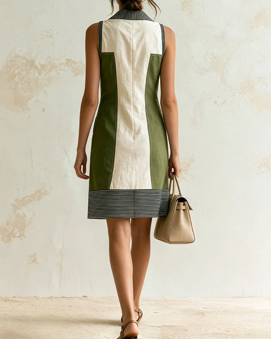 Robe Col En V Revers Bloc De Couleur Rayée Sans Manches