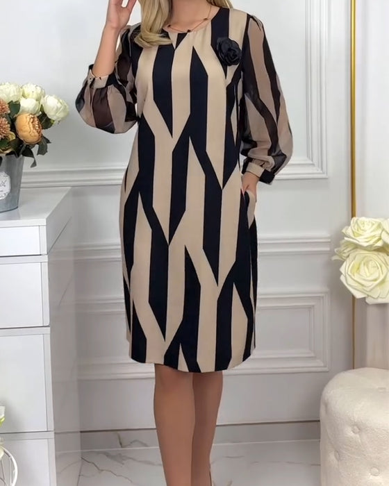 Robe Col Rond Manches Lanterne Imprimée