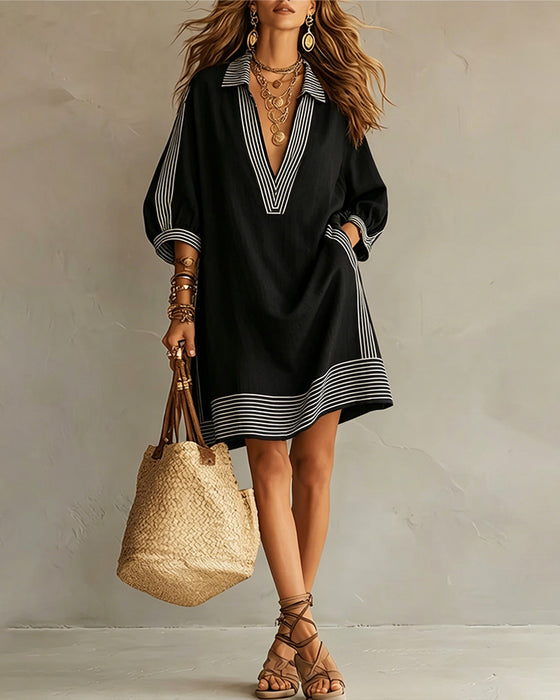 Robe Imprimé Rayé Manche Lanterne Col En V