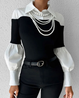 Top Color-Block Manche-Lanterne Spliced