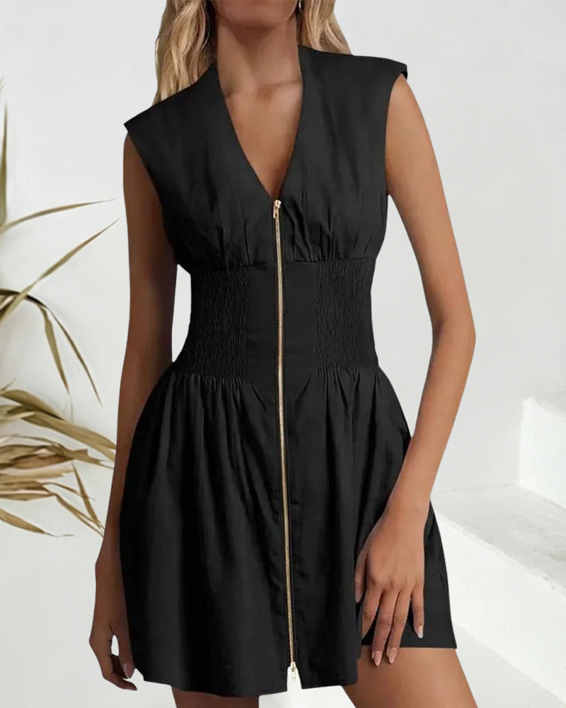 Robe Col En V Fermeture Éclair Taille Cintrée Sans Manches