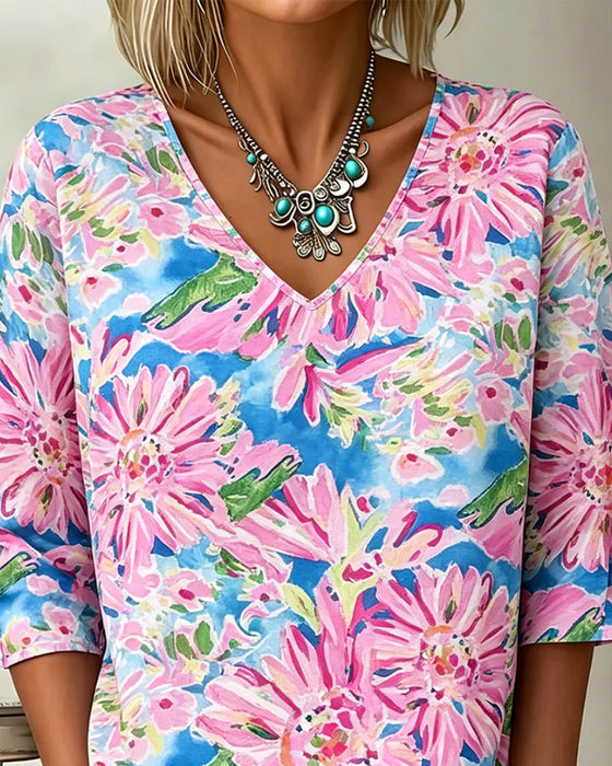 Blouse Fleurie Col En V Demi-Manches