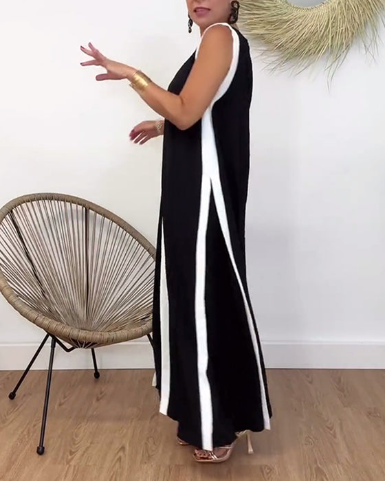 Robe sans manches à col en V à imprimé contrasté à la mode