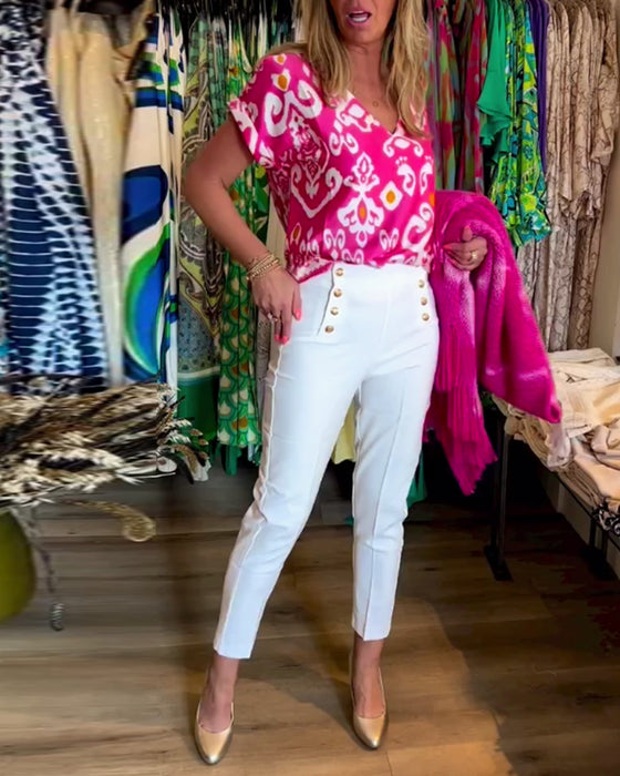 Haut imprimé à col V et manches courtes