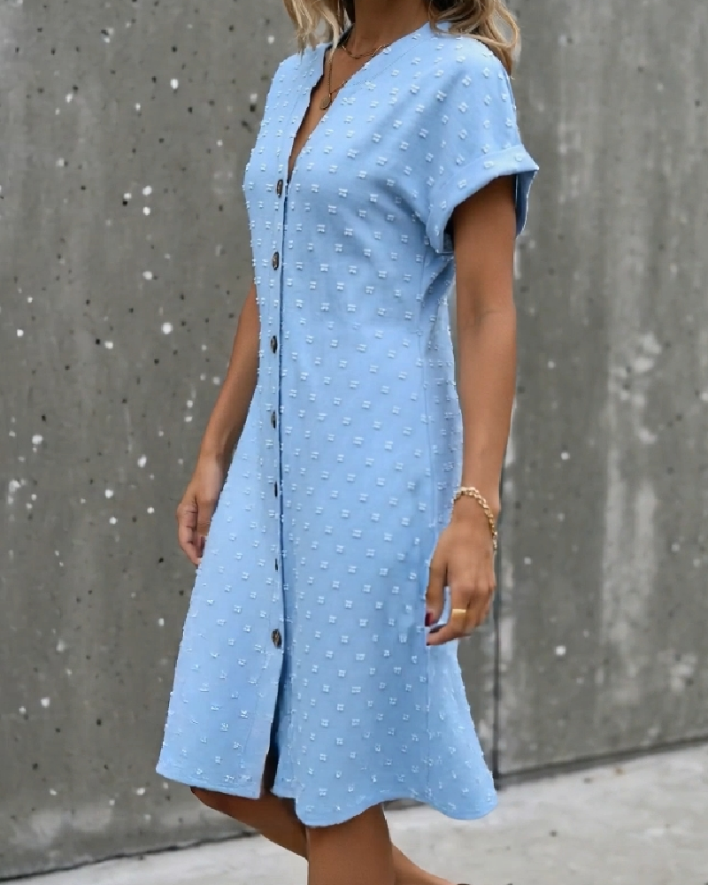 Robe Jacquard Col En V Boutonnage Devant Midi Chemise