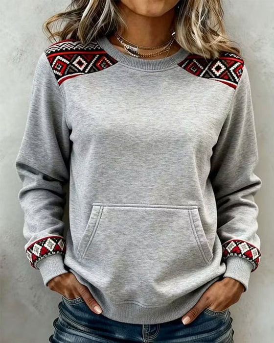 Sweatshirt Col Rond Argyle Bloc De Couleur Poche