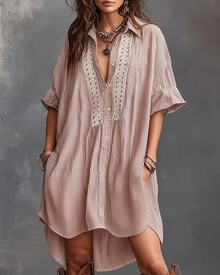 Robes Revers Rayure Patchwork Ample
