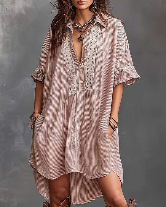 Robes Revers Rayure Patchwork Ample
