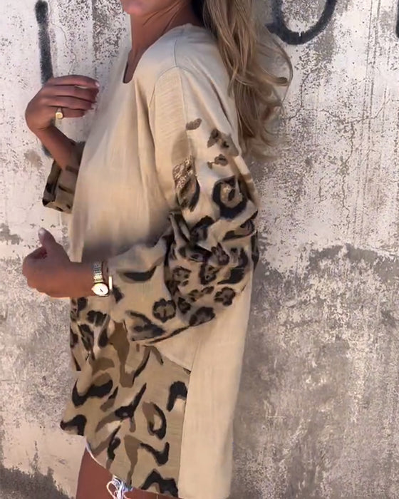 T-shirt décontracté à imprimé léopard et col rond