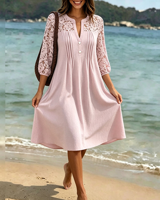 Robe Col En V Évidé Froncé Dentelle