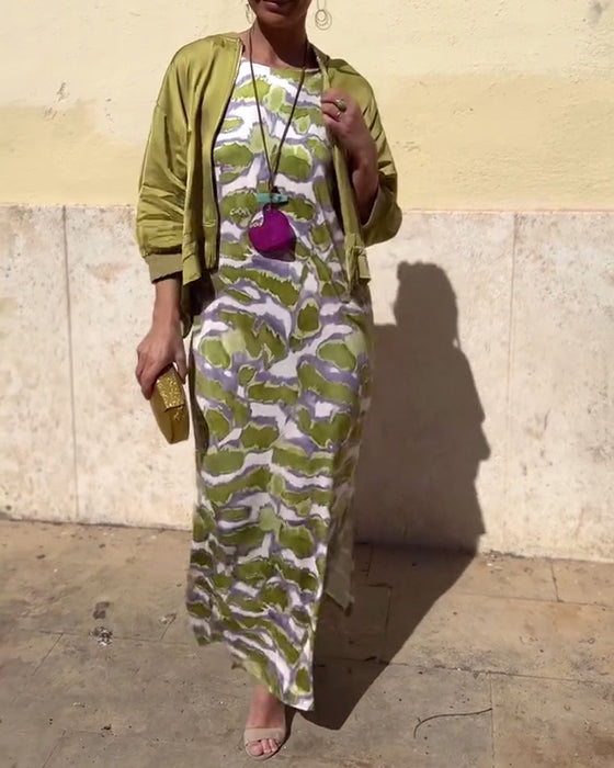 Ensemble Robe Imprimée Sans Manches Et Manteau