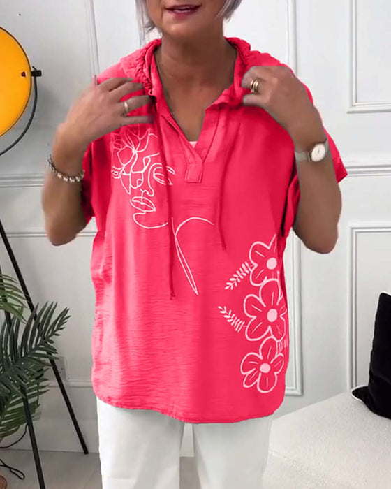 Blouse décontractée à capuche et manches courtes à imprimé floral