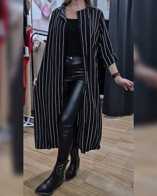Manteau Chemise Col Bouton Rayé Fente