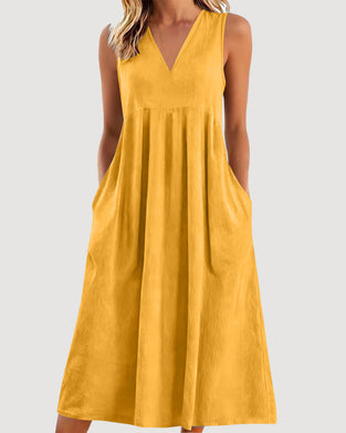 Robe Unie Col V Sans Manches