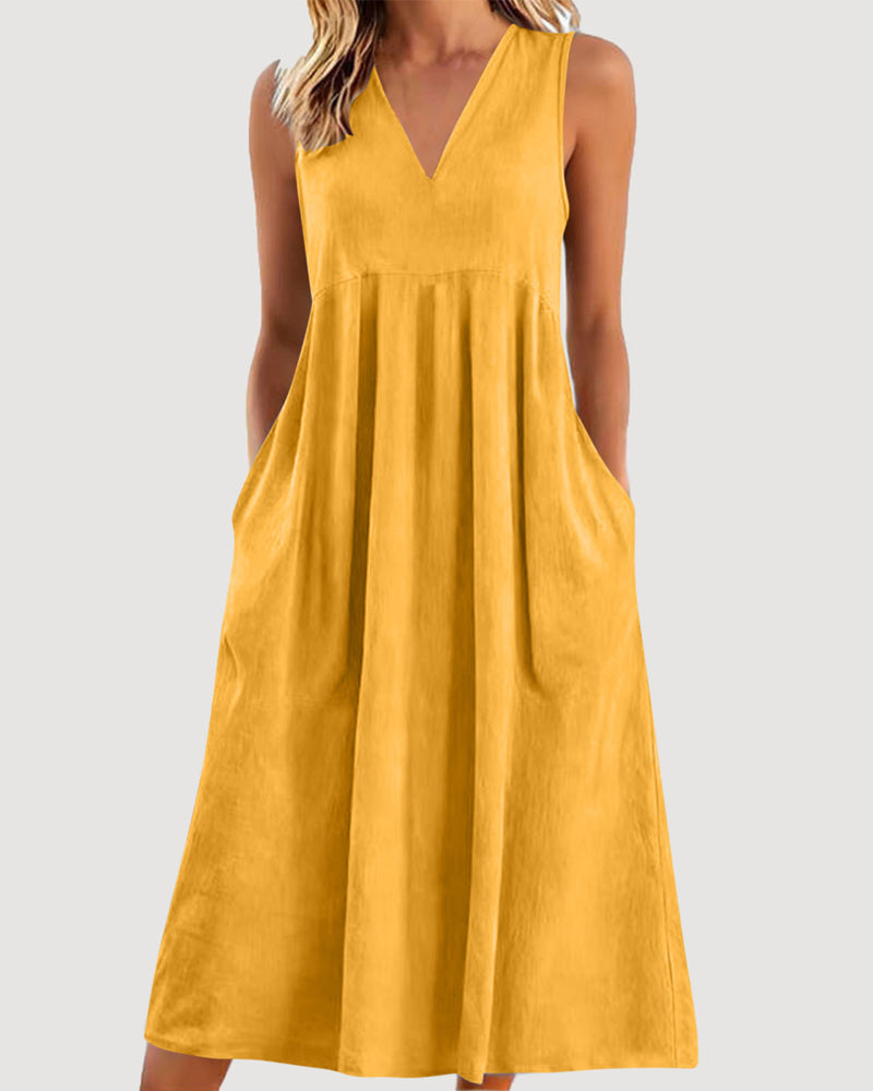 Robe Unie Col V Sans Manches