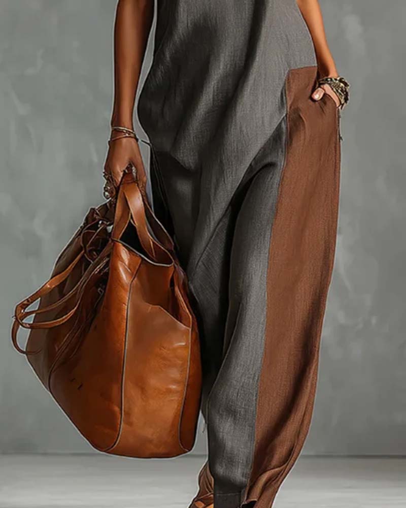 Robe Col Haut Asymétrique Patchwork Sans Manches