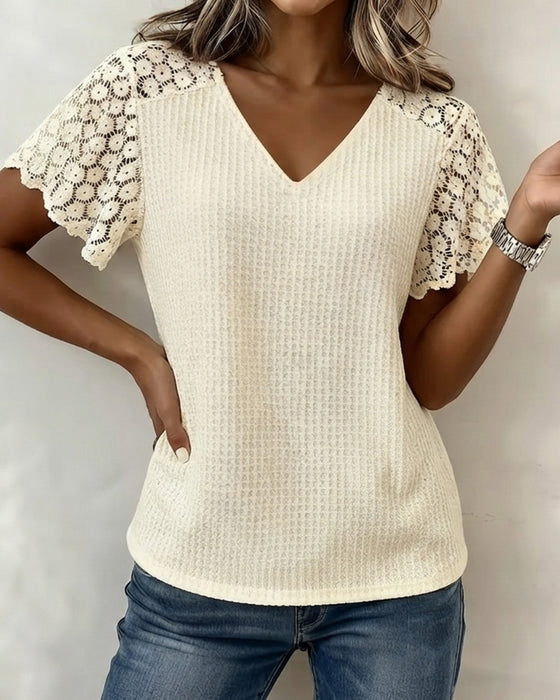 T-Shirt Col En V Gaufré Dentelle Patchwork Unie