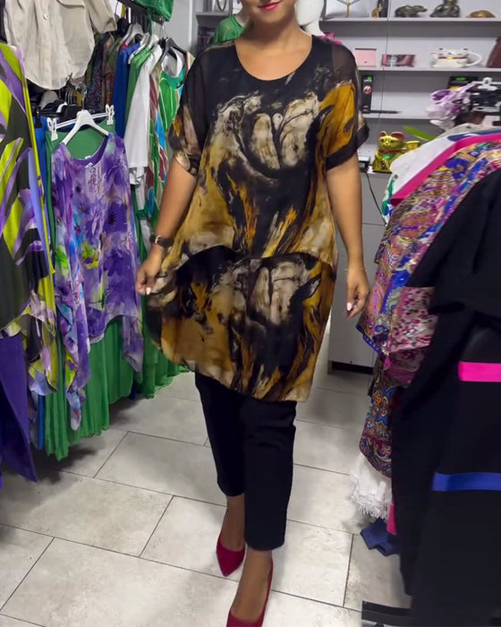 Haut Col Rond Ample Décontracté Imprimé