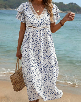 Robe Bleu Blanc Imprimé Floral Col V