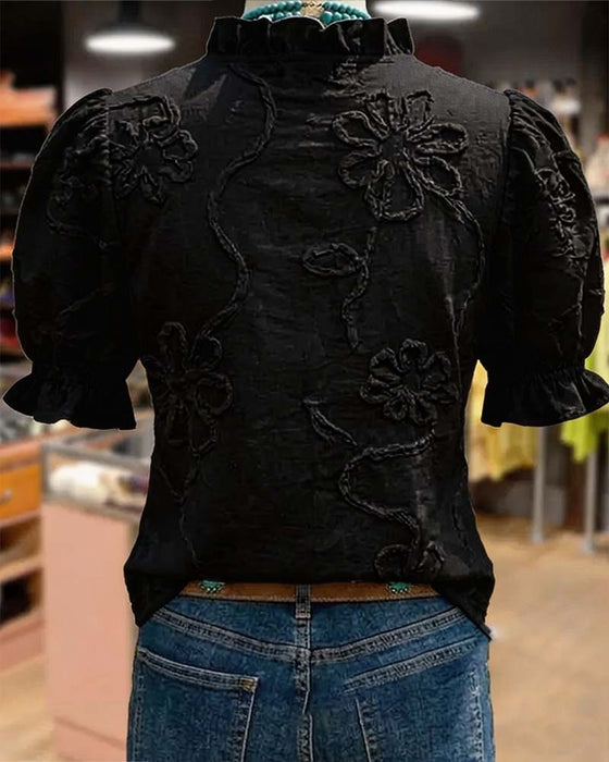 Blouse Col En V Bordure Volantée Manche Bouffante