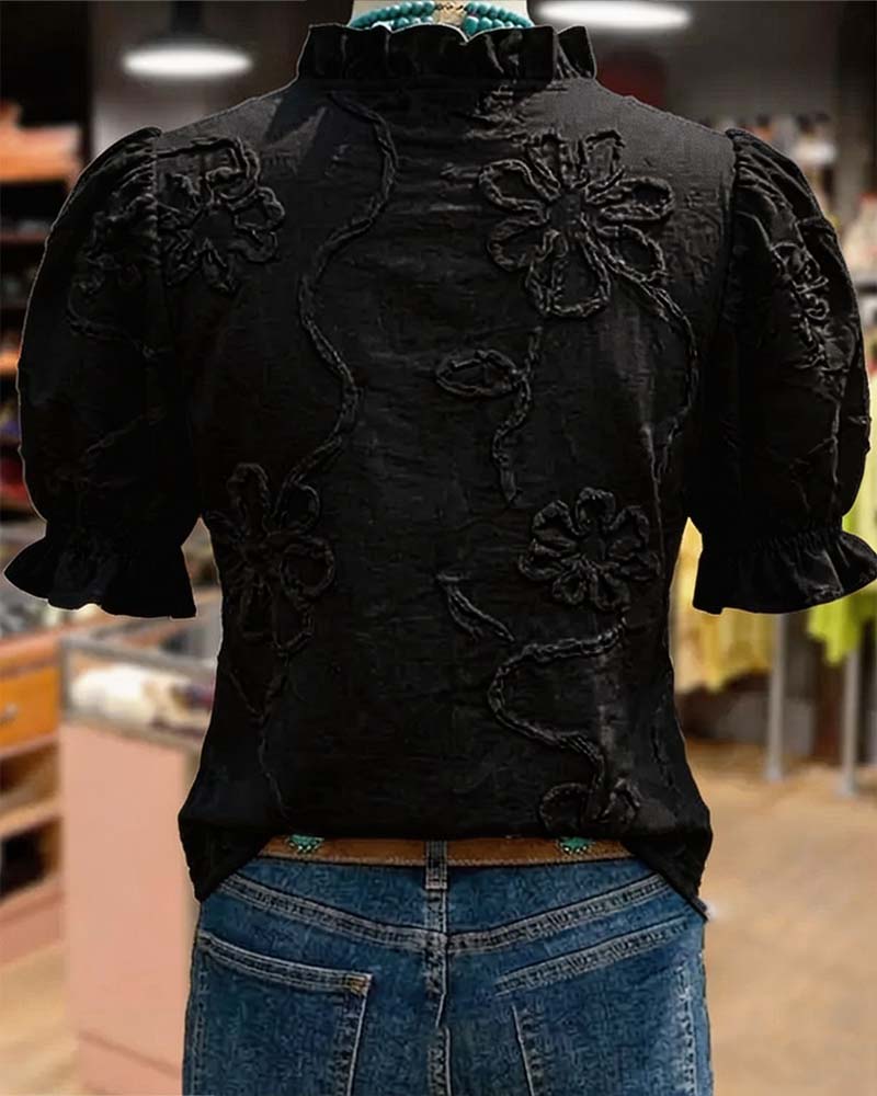 Blouse Col En V Bordure Volantée Manche Bouffante