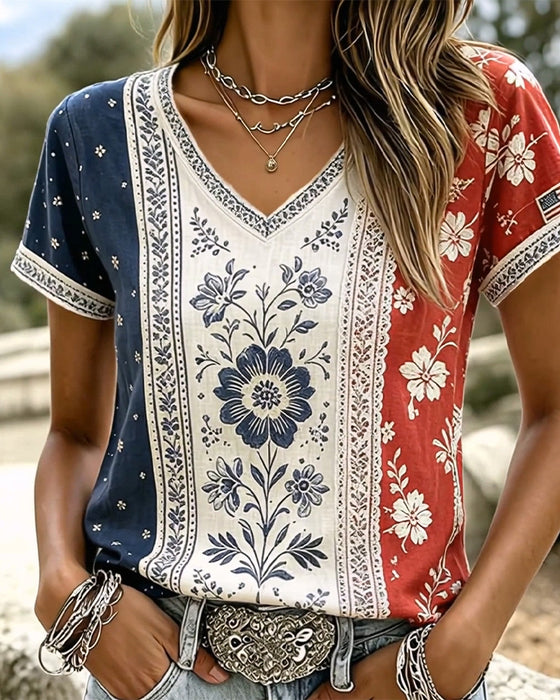 T-Shirts Colorblock Ethnique Floral Col V