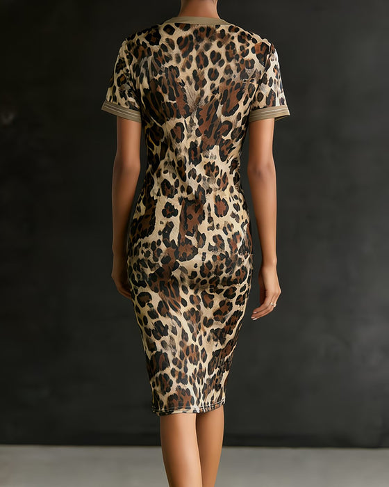 Robe Léopard Imprimé Patchwork Col V Ajusté