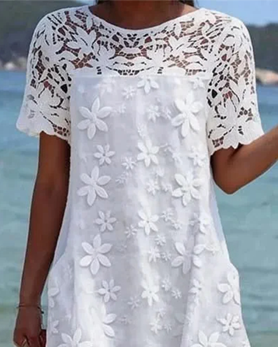 Robe Col Rond Dentelle Patchwork