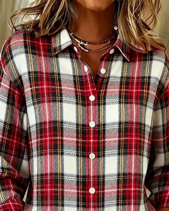 Chemise Revers Bouton À Carreaux Manches Longues