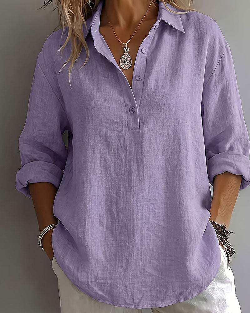 Blouse Unie Col Patte Demi-Patron Manches Longues