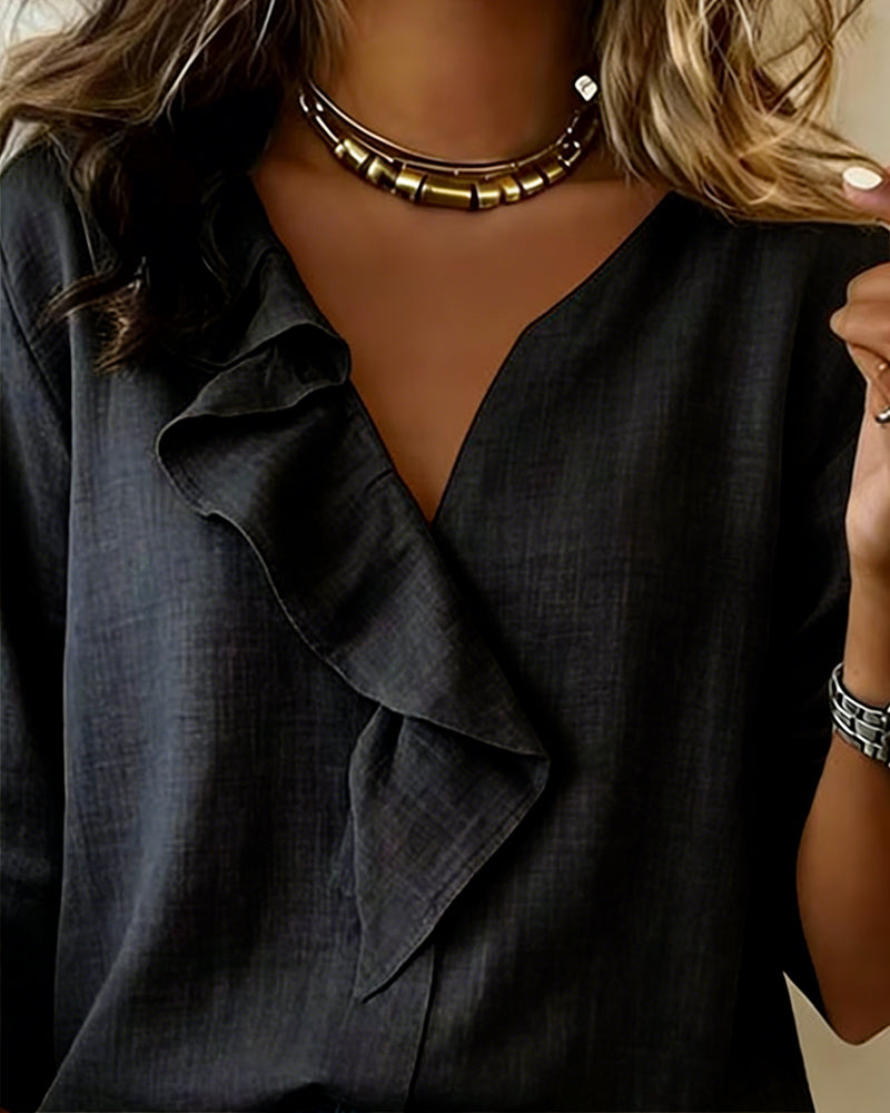 Chemisier À Volants Unie Manches Longues