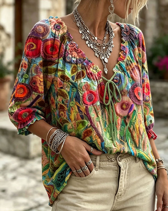 Blouse Col En V Volant Manches Ballon Attacher