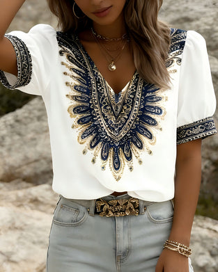 Blouse Imprimé Ethnique Manches Bouffantes