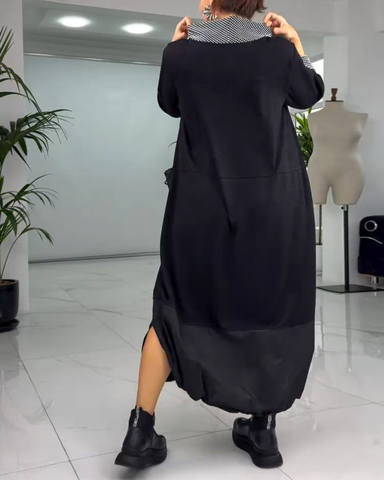 Robe patchwork à carreaux décontractée avec col montant et poche