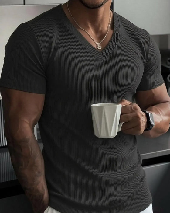 T-Shirt Col En V Côtelé Unie Homme