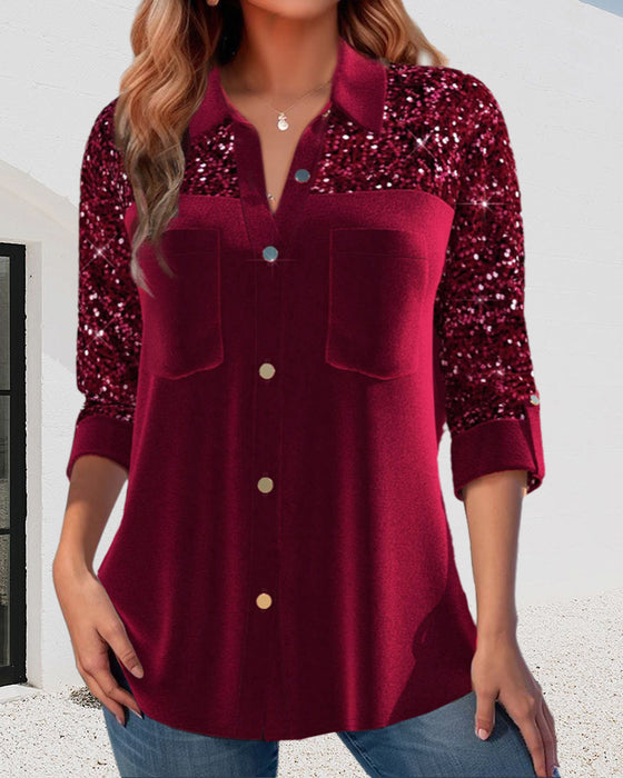 Chemise à revers et boutons unis avec empiècement à paillettes