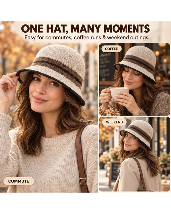 Chapeau Femme Pliable Rayé Cloche Seau