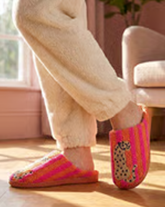 Damen Retro Gestreift & Leopard Flauschige Pantoffeln