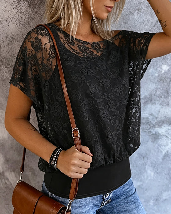 T-Shirt Off-Shoulder Dentelle Patchwork Bretelles