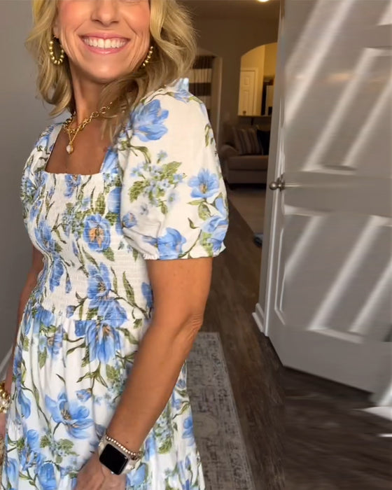 Robe Carré Plissé Fleuri A-Ligne