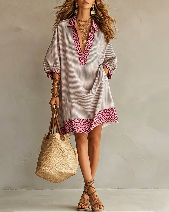 Robe Panneau Imprimé Léopard Manche Bouffante Chemise Rayée