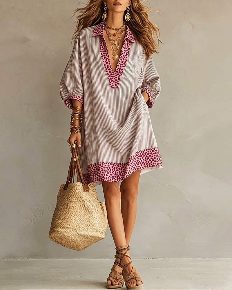 Robe Panneau Imprimé Léopard Manche Bouffante Chemise Rayée