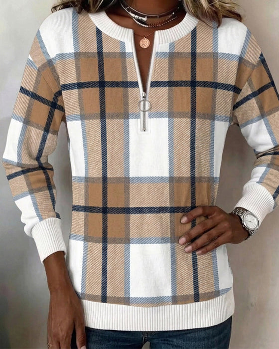 Sweatshirt À Carreaux Demi-Fermeture Éclair Col Rond Pull-Over